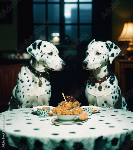 Dalmatian couple having dinner. Generative AI.