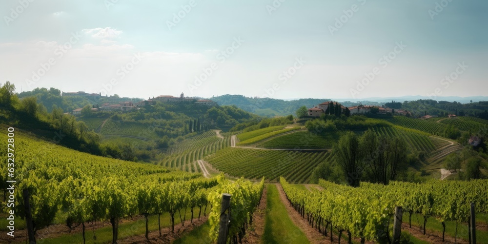 Panorama of vineyard in Piedmont region of Italy, Generative AI