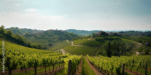 Panorama of vineyard in Piedmont region of Italy, Generative AI