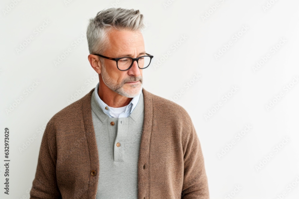 Lifestyle portrait photography of a man in his 50s appearing tired and down due to hypothyroidism wearing a chic cardigan against a white background 