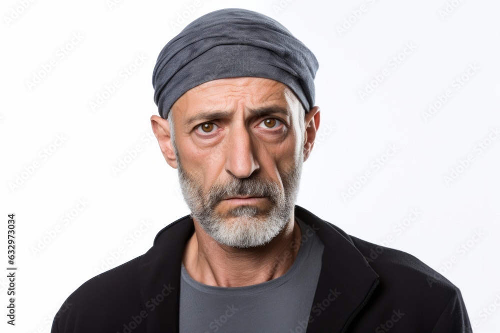 Headshot portrait photography of a man in his 50s appearing tired and down due to hypothyroidism wearing hijab against a white background Headshot portrait photography of a man in his 50s appearing tired and down due to hypothyroidism wearing hijab against a white background