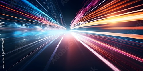 Car motion trails. Speed light streaks background with blurred fast moving light effect. Racing cars dynamic flash effects city road with long exposure night lights by ai generative