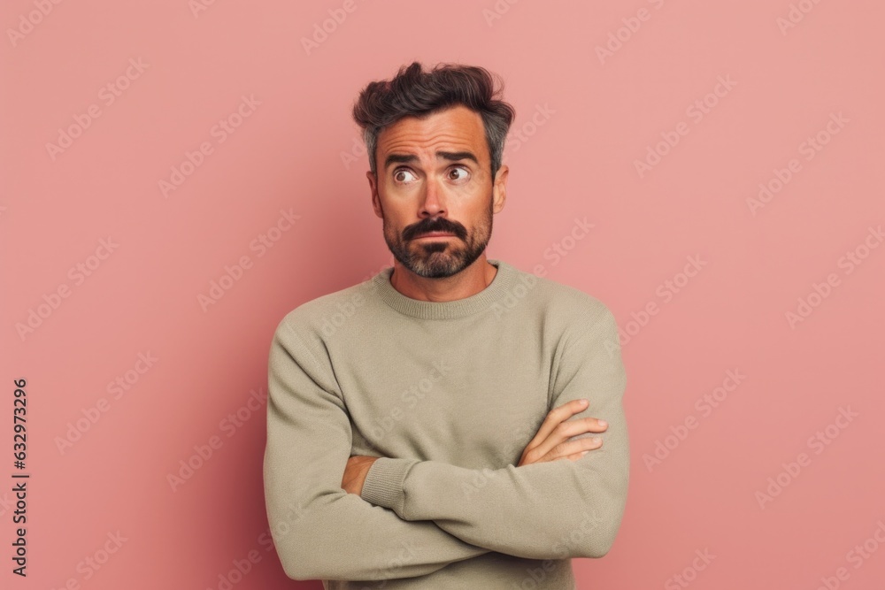 Obraz premium Medium shot portrait photography of a man in his 30s appearing tired and down due to hypothyroidism wearing a pair of leggings or tights against a pastel or soft colors background 