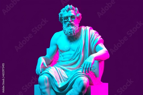 A white statue of Plato in a cool pose  wearing magenta and cyan 3D glasses  ready to party. 