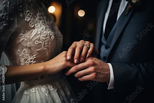 Young couple holds hands with love during their wedding day