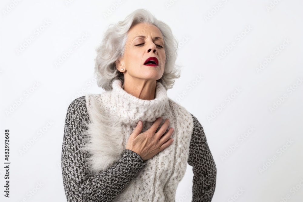 Lifestyle portrait photography of a woman in her 40s coughing with discomfort due to pneumonia wearing a chic cardigan against a white background Lifestyle portrait photography of a woman in her 40s coughing with discomfort due to pneumonia wearing a chic cardigan against a white background