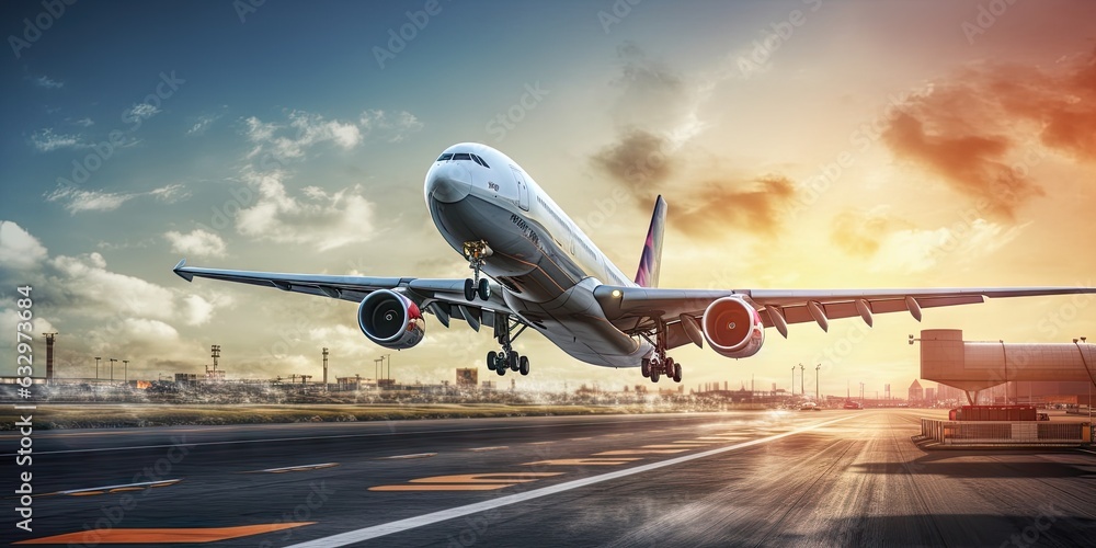 Obraz premium Capturing essence of air travel at airport. Airplanes against horizon. Unveiling thrills and technology