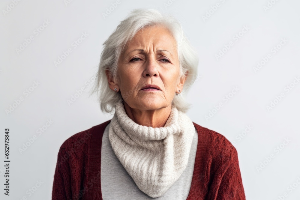 Group portrait photography of a woman in her 60s coughing with discomfort due to pneumonia wearing a cozy sweater against a white background Group portrait photography of a woman in her 60s coughing with discomfort due to pneumonia wearing a cozy sweater against a white background
