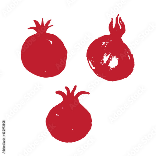 Pomegranate ink drawing. Hand drawn fruit set with texture for print, label, template, card, menu. Background with pomegranates plants. Harvest fruits, healthy food, symbol, juicy ingredient