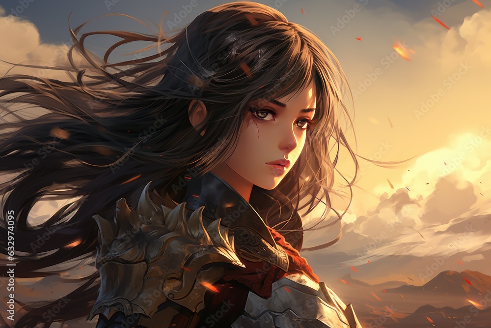 Fototapeta premium Anime girl warrior on battlefield