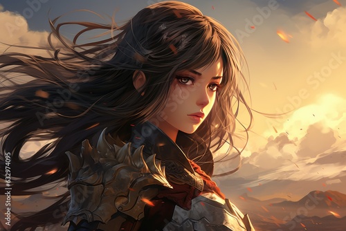 Anime girl warrior on battlefield photo