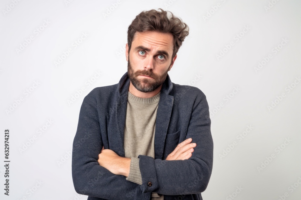 Fototapeta premium Medium shot portrait photography of a man in his 30s showing tiredness and a worn-down expression due to chronic fatigue syndrome wearing a chic cardigan against a white background 