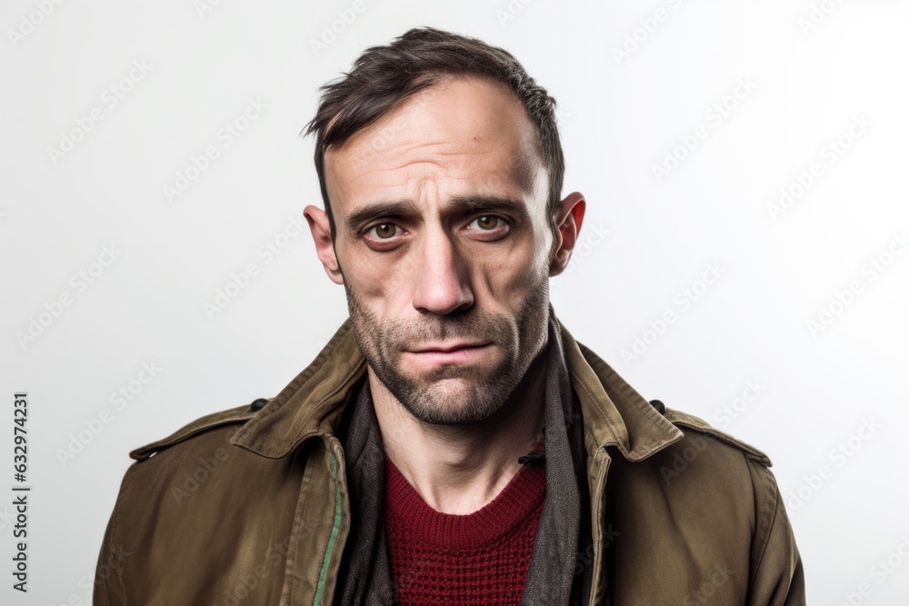 Close-up portrait photography of a man in his 30s showing tiredness and a worn-down expression due to chronic fatigue syndrome wearing a chic cardigan against a white background Close-up portrait photography of a man in his 30s showing tiredness and a worn-down expression due to chronic fatigue syndrome wearing a chic cardigan against a white background
