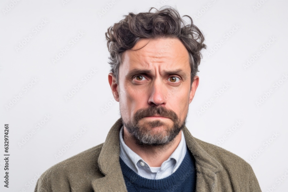 Close-up portrait photography of a man in his 30s showing tiredness and a worn-down expression due to chronic fatigue syndrome wearing a chic cardigan against a white background Close-up portrait photography of a man in his 30s showing tiredness and a worn-down expression due to chronic fatigue syndrome wearing a chic cardigan against a white background