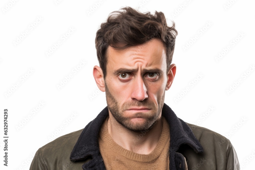 Headshot portrait photography of a man in his 30s showing tiredness and a worn-down expression due to chronic fatigue syndrome wearing a chic cardigan against a white background Headshot portrait photography of a man in his 30s showing tiredness and a worn-down expression due to chronic fatigue syndrome wearing a chic cardigan against a white background