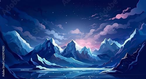 Snow peaks and glaciers on the dark sky landscape illustration. © MstAsma
