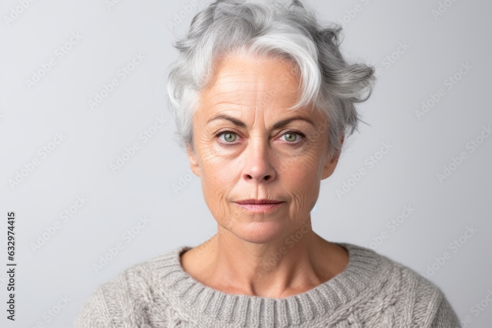 Headshot portrait photography of a woman in her 40s showing tiredness and a worn-down expression due to chronic fatigue syndrome wearing a cozy sweater against a white background Headshot portrait photography of a woman in her 40s showing tiredness and a worn-down expression due to chronic fatigue syndrome wearing a cozy sweater against a white background