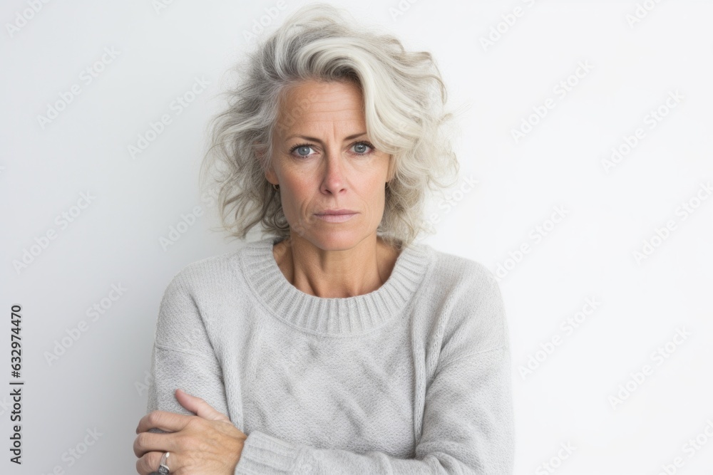Lifestyle portrait photography of a woman in her 40s showing tiredness and a worn-down expression due to chronic fatigue syndrome wearing a cozy sweater against a white background Lifestyle portrait photography of a woman in her 40s showing tiredness and a worn-down expression due to chronic fatigue syndrome wearing a cozy sweater against a white background