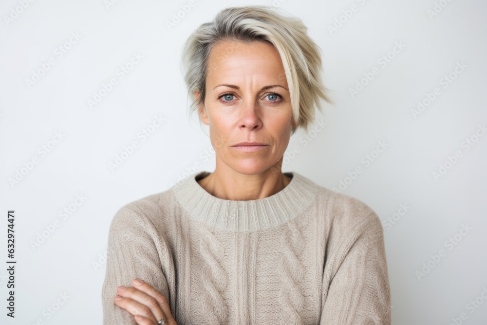 Lifestyle portrait photography of a woman in her 40s showing tiredness and a worn-down expression due to chronic fatigue syndrome wearing a cozy sweater against a white background Lifestyle portrait photography of a woman in her 40s showing tiredness and a worn-down expression due to chronic fatigue syndrome wearing a cozy sweater against a white background