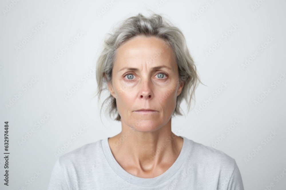 Medium shot portrait photography of a woman in her 40s showing tiredness and a worn-down expression due to chronic fatigue syndrome wearing a casual t-shirt against a white background Medium shot portrait photography of a woman in her 40s showing tiredness and a worn-down expression due to chronic fatigue syndrome wearing a casual t-shirt against a white background