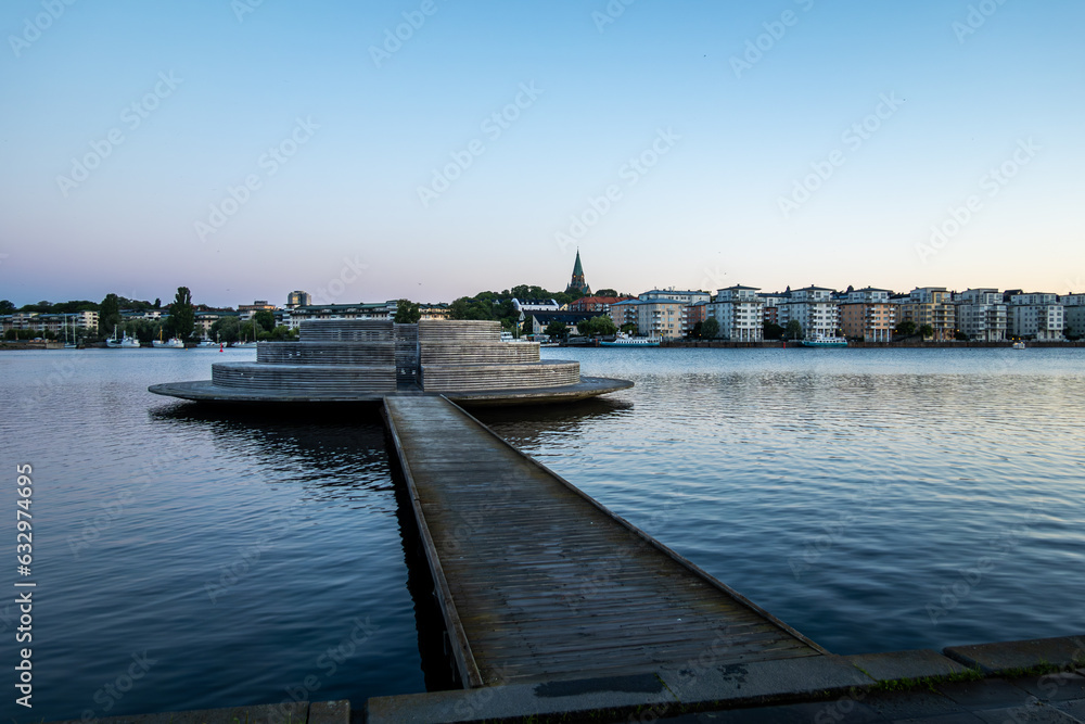 Stockholm, Sweden A wooden pier and bathing platform called the Observatorium made of Siberian oak in the Sickla canal in the Hammarby district.