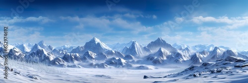 vast desolated snow land, big mountains in the background, snowfall with light blue sky and light blue colors, peaceful atmosphere, 