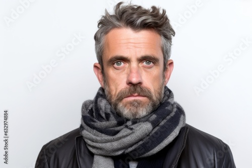 Medium shot portrait photography of a man in his 40s showing tiredness and a worn-down expression due to chronic fatigue syndrome wearing a charming scarf against a white background  © Leon Waltz