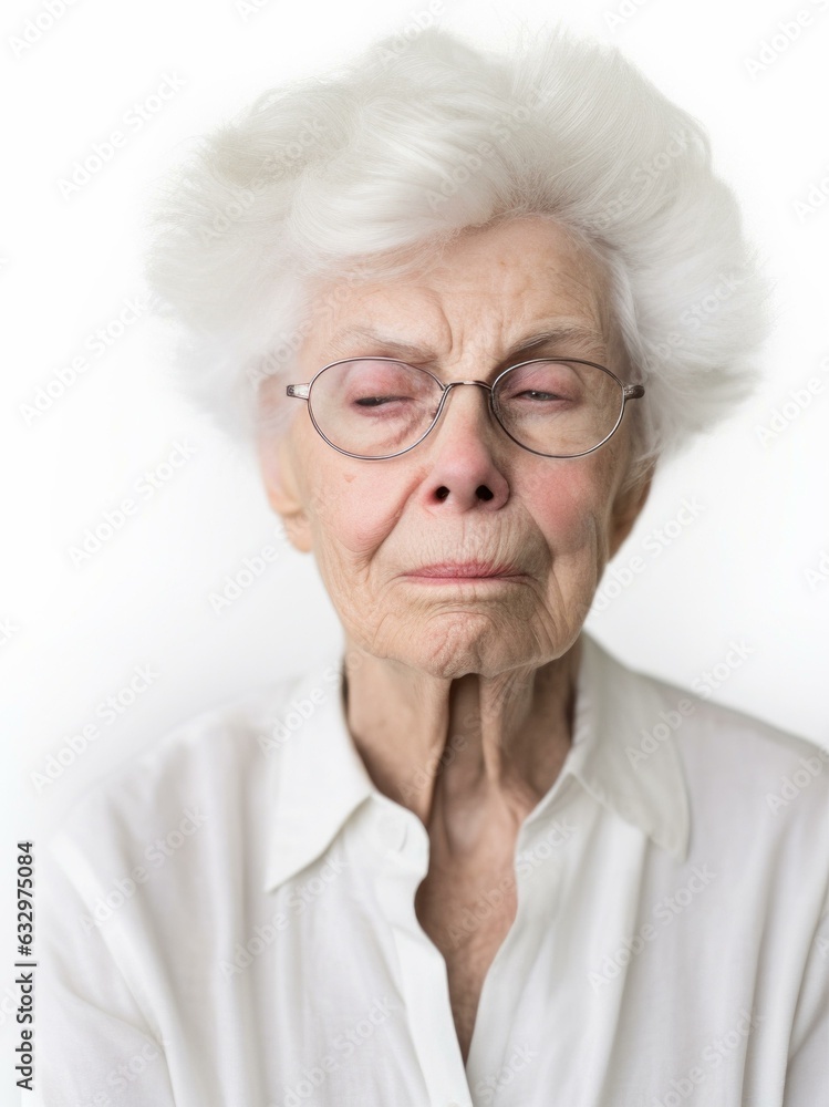 Lifestyle portrait photography of a woman in her 70s showing tiredness and a worn-down expression due to chronic fatigue syndrome wearing a chic cardigan against a white background 