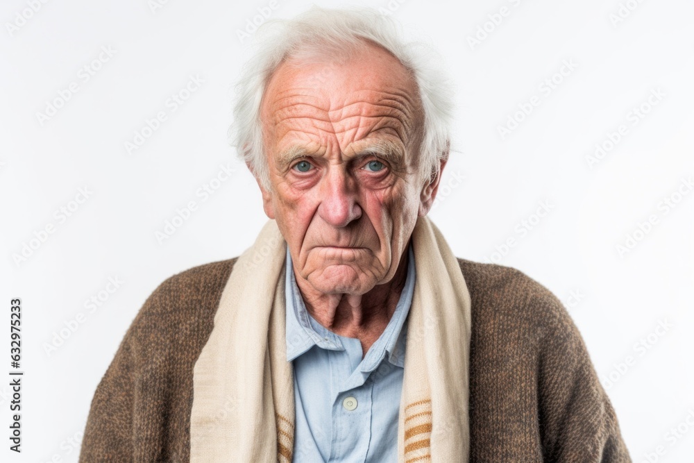 Group portrait photography of a man in his 70s showing tiredness and a worn-down expression due to chronic fatigue syndrome wearing a chic cardigan against a white background Group portrait photography of a man in his 70s showing tiredness and a worn-down expression due to chronic fatigue syndrome wearing a chic cardigan against a white background