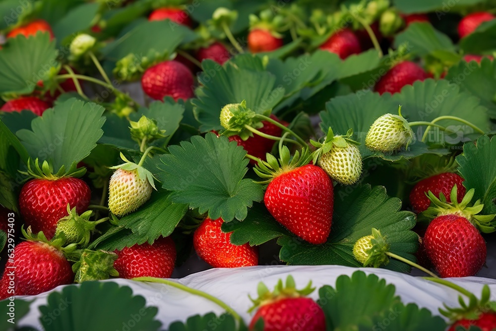 Bush of ripe organic strawberries in the garden. Berry closeup. Bush of ripe organic strawberries in the garden. Berry closeup.