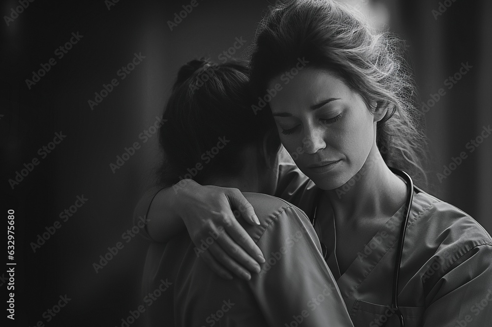 Two female health workers comforting each other