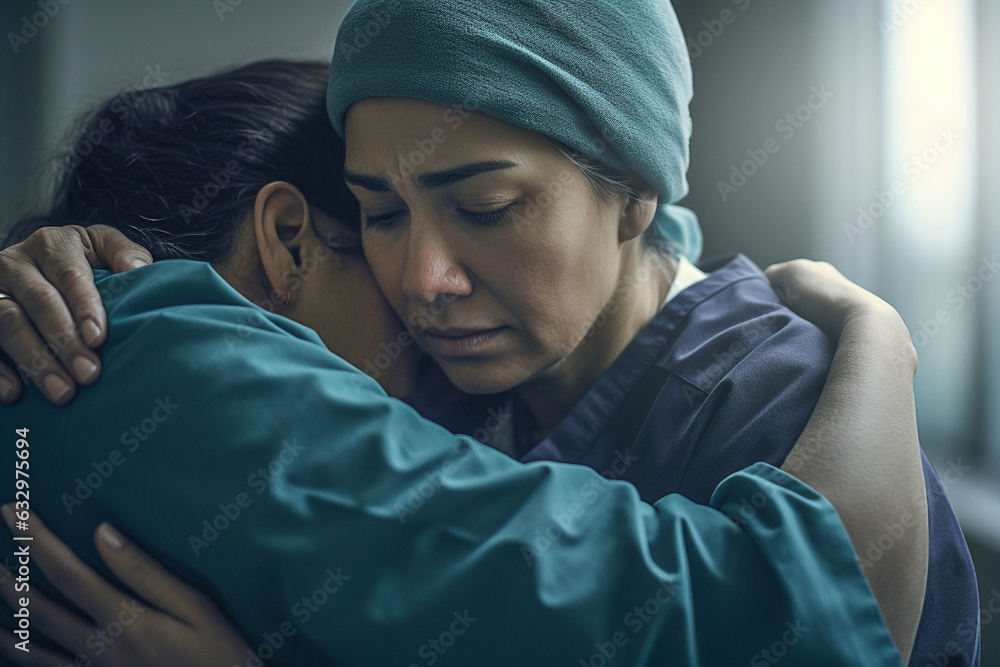 Fototapeta premium Two female health workers in surgical scrubs comforting each other