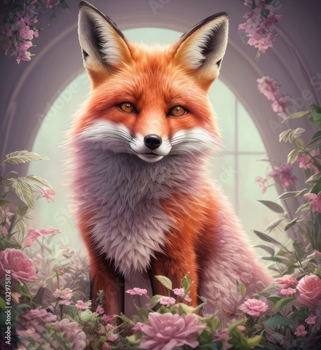 A fox on a background of pink flowers