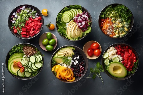 Obraz na płótnie Table set with healthy food in bowls. Healthy salads. w salonie