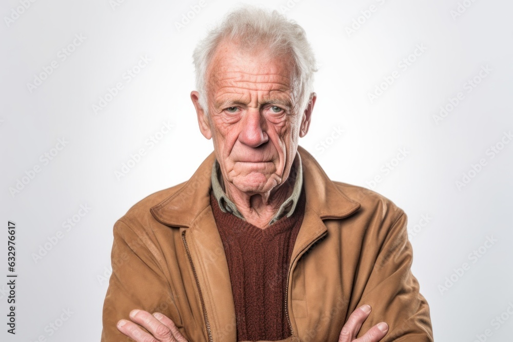 Medium shot portrait photography of a man in his 70s with a trembling hand and pained expression due to Parkinson disease wearing a chic cardigan against a white background Medium shot portrait photography of a man in his 70s with a trembling hand and pained expression due to Parkinson disease wearing a chic cardigan against a white background