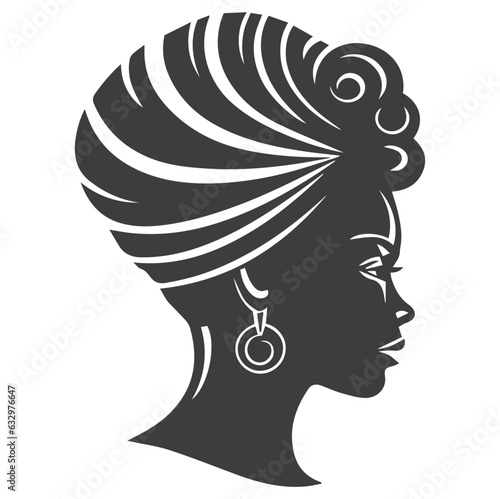 African pretty woman with afro and bun hairstyle Portrait. Silhouette on transparent background. PNG and SVG afro girl.