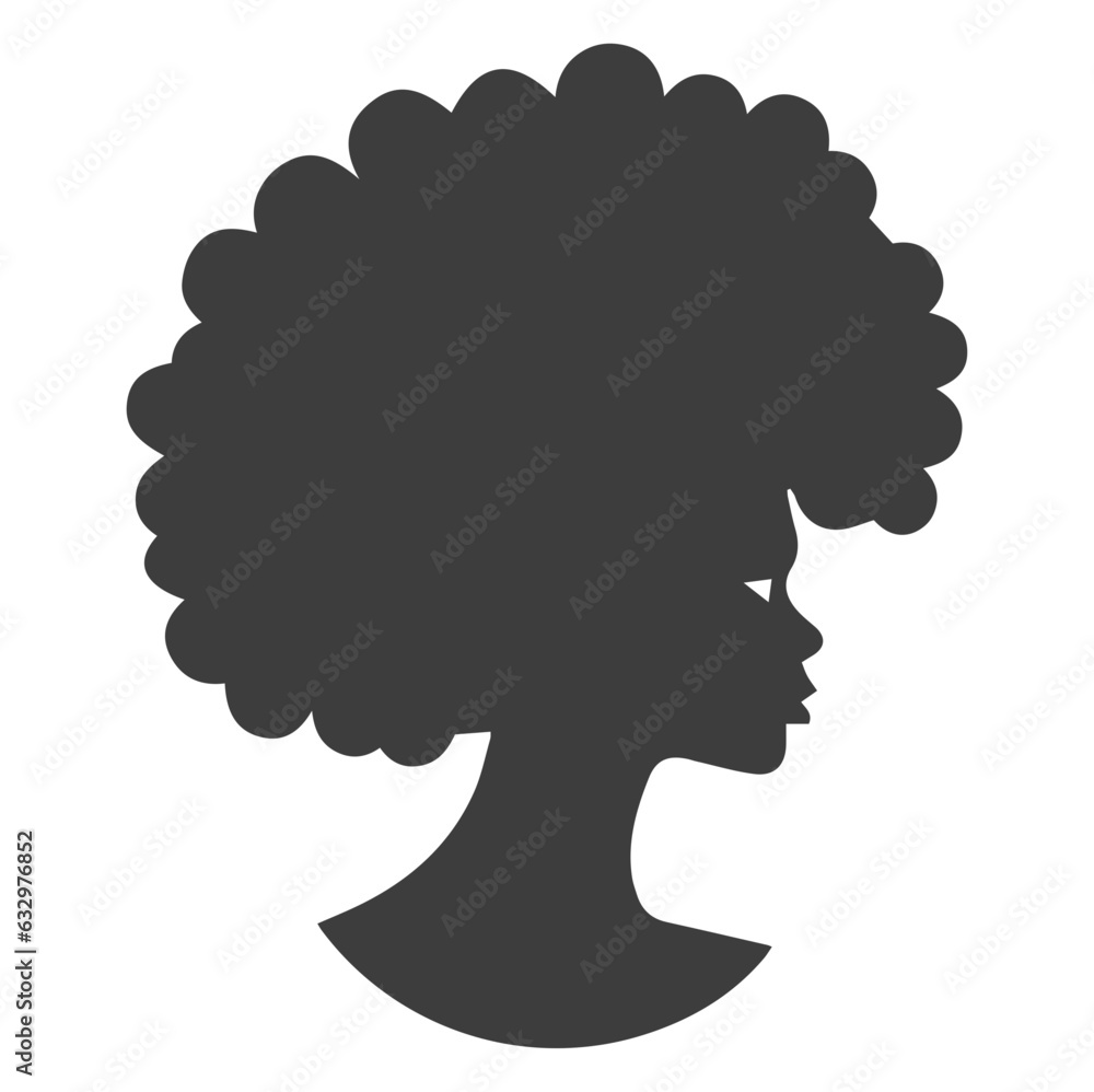 African pretty woman with afro and bun hairstyle Portrait. Silhouette on transparent background. PNG and SVG afro girl.