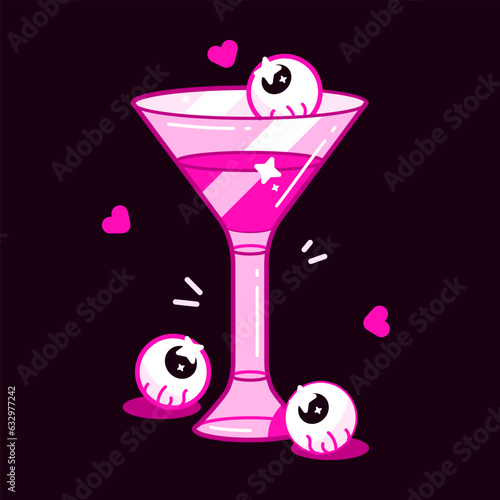 Bloody Mary cocktail. Bright pink halloween sticker. Y2k elements of 90s, 00s. Doll pink color.