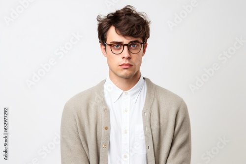 Medium shot portrait photography of a man in his 20s with a somber and deeply sad expression due to major depression wearing a chic cardigan against a white background 