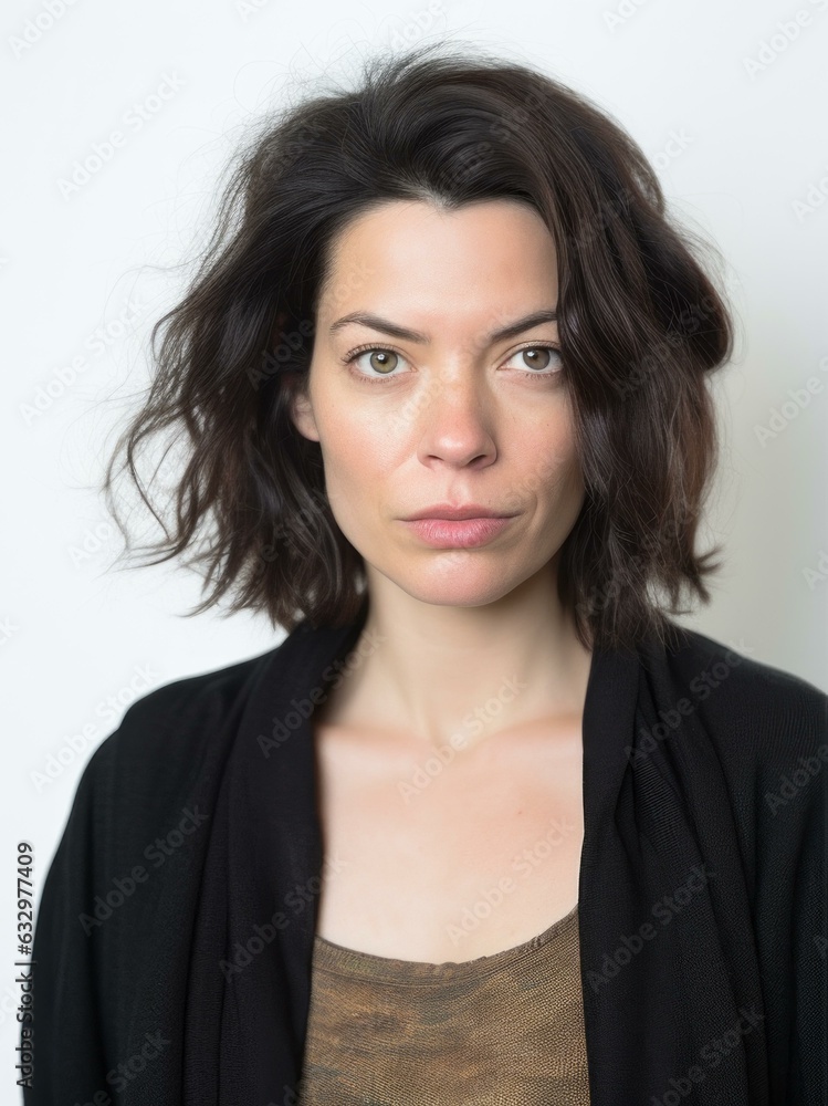 Lifestyle portrait photography of a woman in her 30s with a somber and deeply sad expression due to major depression wearing a chic cardigan against a white background Lifestyle portrait photography of a woman in her 30s with a somber and deeply sad expression due to major depression wearing a chic cardigan against a white background