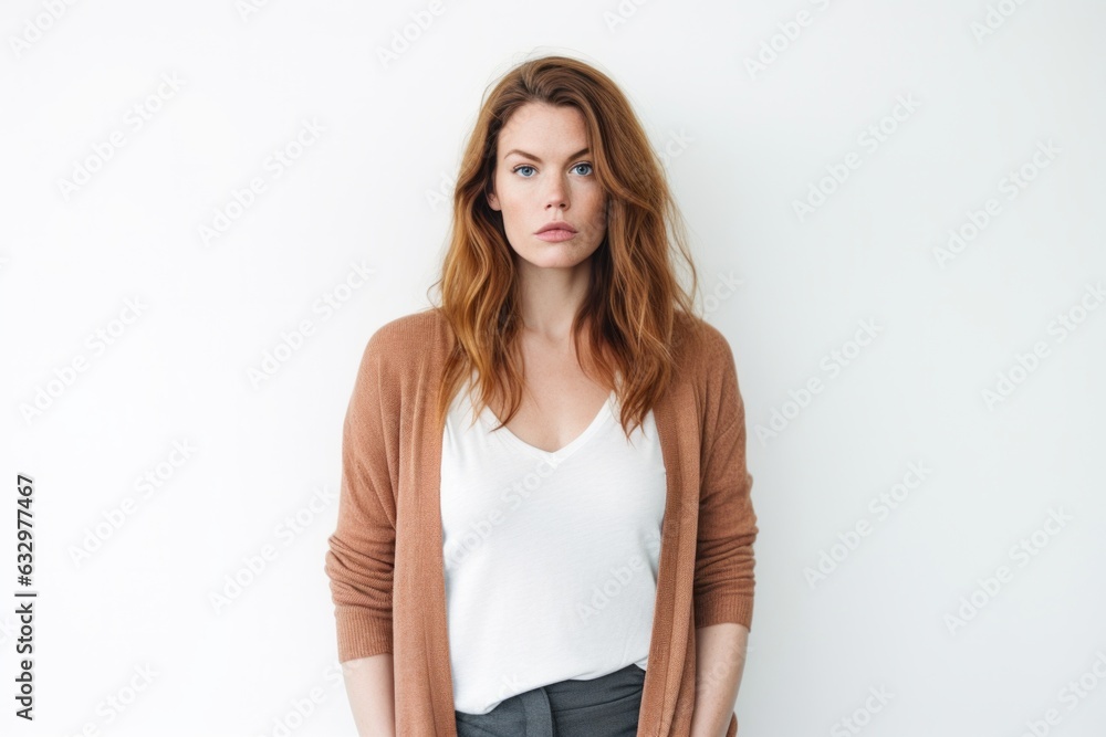Lifestyle portrait photography of a woman in her 30s with a somber and deeply sad expression due to major depression wearing a chic cardigan against a white background Lifestyle portrait photography of a woman in her 30s with a somber and deeply sad expression due to major depression wearing a chic cardigan against a white background