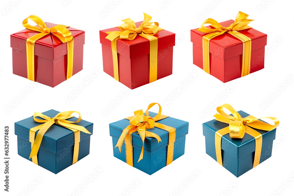 set of blue and red gift box with yellow ribbon isolated on transparent background ,generative ai