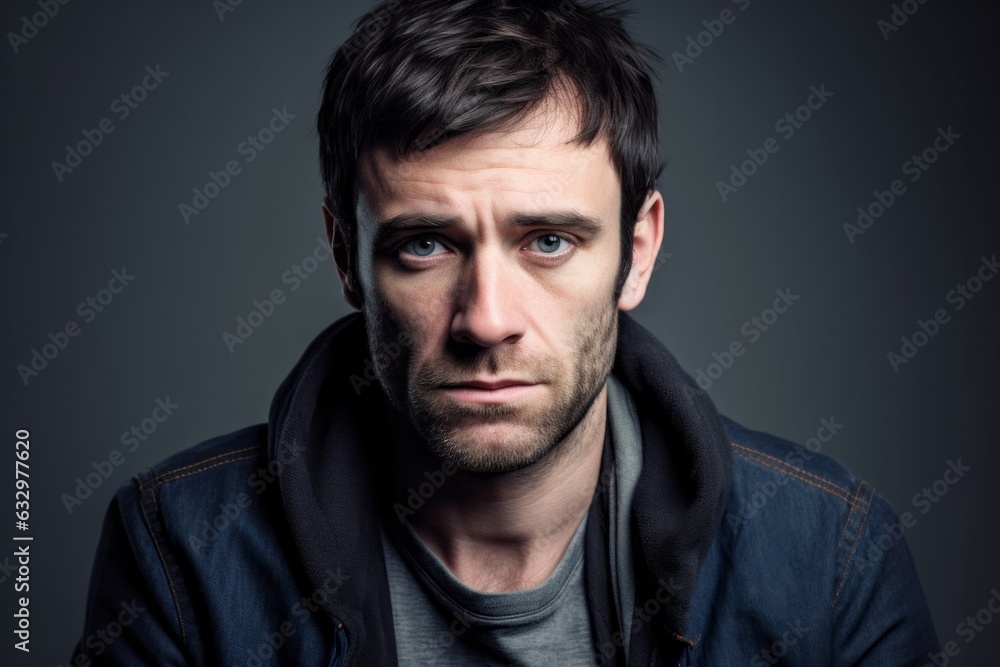 Close-up portrait photography of a man in his 30s with a somber and deeply sad expression due to major depression wearing a chic cardigan against a white background 