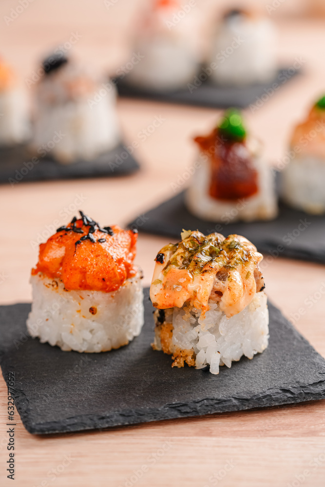 sushi is a Japanese dish of prepared vinegared rice, usually with some sugar and salt, accompanied by a variety of ingredients such as seafood, often raw and vegetables. sushi is a Japanese dish of prepared vinegared rice, usually with some sugar and salt, accompanied by a variety of ingredients such as seafood, often raw and vegetables.