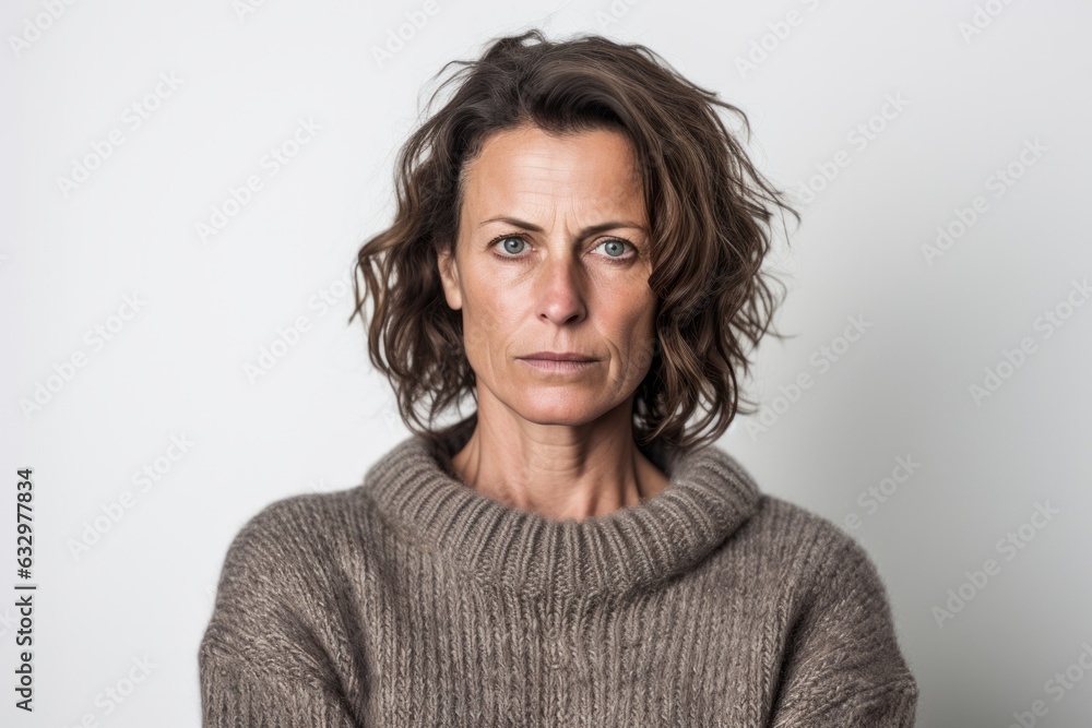 Group portrait photography of a woman in her 40s with a somber and deeply sad expression due to major depression wearing a cozy sweater against a white background Group portrait photography of a woman in her 40s with a somber and deeply sad expression due to major depression wearing a cozy sweater against a white background