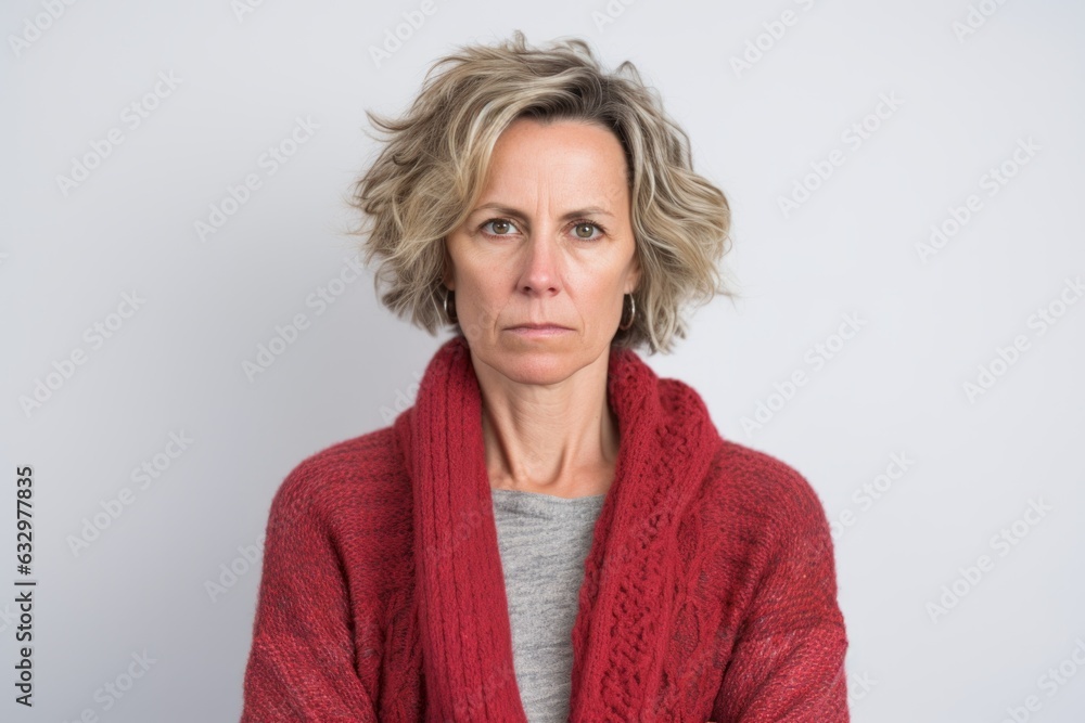 Group portrait photography of a woman in her 40s with a somber and deeply sad expression due to major depression wearing a cozy sweater against a white background Group portrait photography of a woman in her 40s with a somber and deeply sad expression due to major depression wearing a cozy sweater against a white background