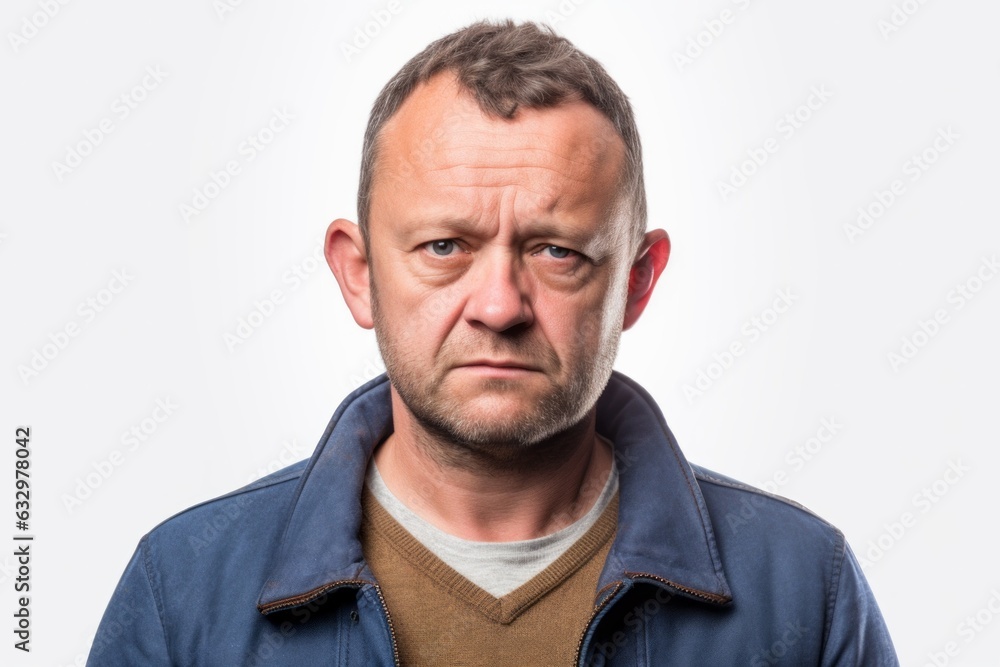 Headshot portrait photography of a man in his 40s with a somber and deeply sad expression due to major depression wearing a chic cardigan against a white background Headshot portrait photography of a man in his 40s with a somber and deeply sad expression due to major depression wearing a chic cardigan against a white background