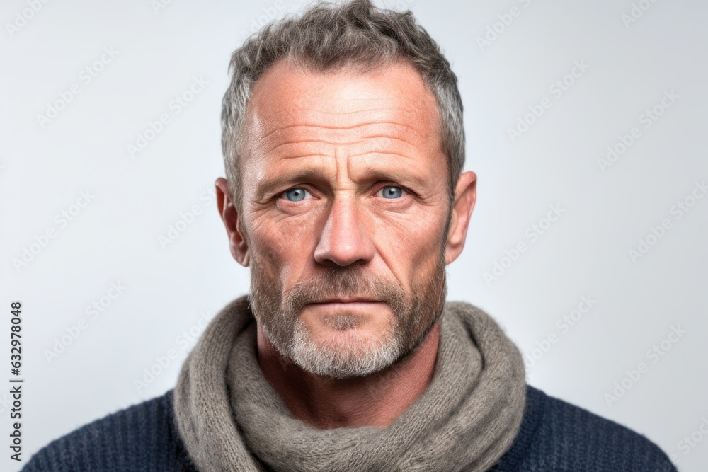 Close-up portrait photography of a man in his 40s with a somber and deeply sad expression due to major depression wearing a chic cardigan against a white background Close-up portrait photography of a man in his 40s with a somber and deeply sad expression due to major depression wearing a chic cardigan against a white background