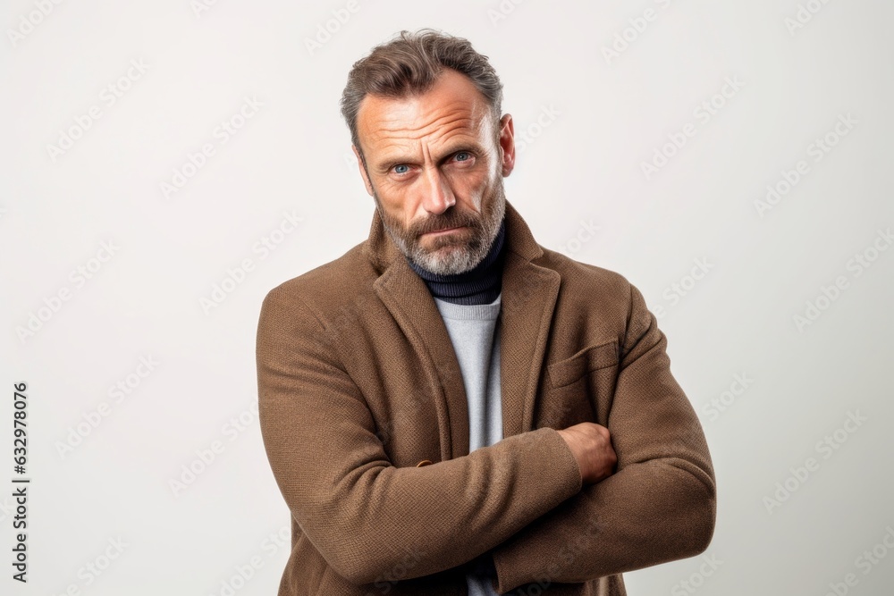 Lifestyle portrait photography of a man in his 40s with a somber and deeply sad expression due to major depression wearing a chic cardigan against a white background Lifestyle portrait photography of a man in his 40s with a somber and deeply sad expression due to major depression wearing a chic cardigan against a white background