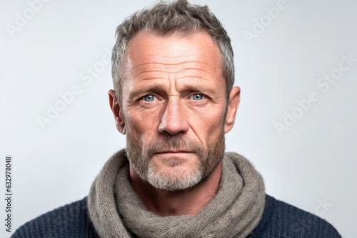 Close-up portrait photography of a man in his 40s with a somber and deeply sad expression due to major depression wearing a chic cardigan against a white background 